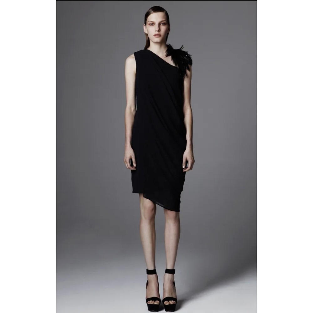 Rare Archival Helmut Lang Resort 2012 Feathered Asymmetrical Black Dress S/M